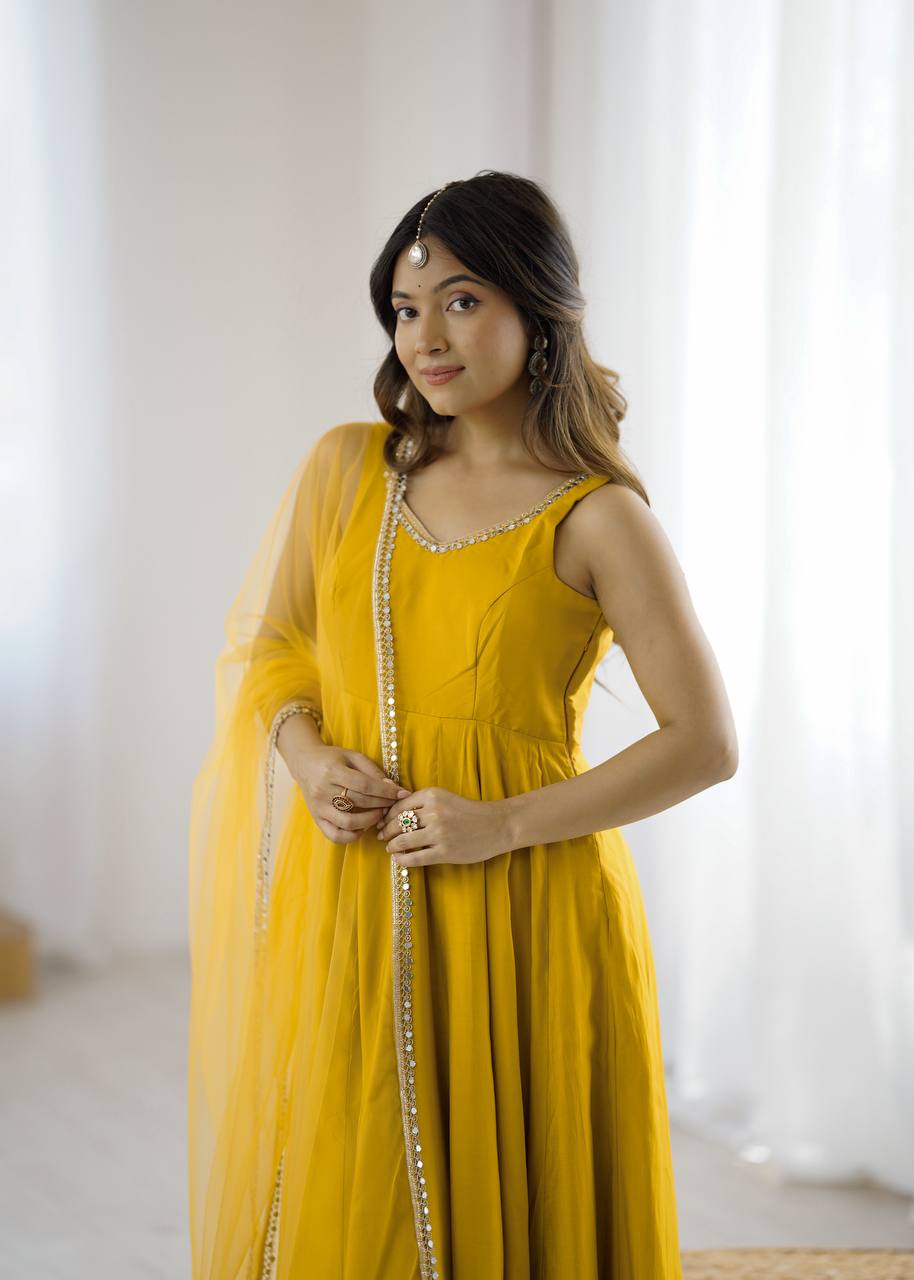 Pure Romansilk Chanderi Anarkali Set with Dupatta & Pant – Fully Stitched
